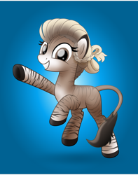 Size: 800x1015 | Tagged: safe, artist:jhayarr23, oc, oc only, oc:mikaella, species:donkey, species:zebra, fallout equestria, blue background, fallout equestria: of shadows, female, grin, hybrid, looking at you, simple background, smiling, solo, zebroid, zonkey