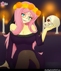 Size: 1083x1265 | Tagged: safe, artist:clouddg, character:fluttershy, species:human, my little pony:equestria girls, bare shoulders, big breasts, breasts, busty fluttershy, cempasúchil, cleavage, clothing, dia de los muertos, dress, face paint, female, holiday, looking at you, signature, skull, solo