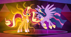 Size: 4096x2160 | Tagged: safe, artist:decprincess, artist:laszlvfx, artist:orin331, edit, character:sunset shimmer, character:twilight sparkle, character:twilight sparkle (alicorn), species:alicorn, species:pony, episode:the last problem, g4, my little pony: friendship is magic, alicornified, cutie mark, duo, ethereal mane, female, flying, galaxy mane, mare, older, older sunset, older twilight, race swap, shimmercorn, smiling, ultimate twilight, wallpaper, wallpaper edit