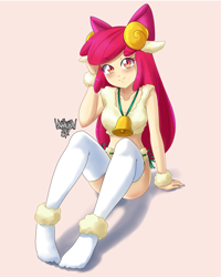 Size: 3999x5001 | Tagged: safe, artist:danmakuman, character:apple bloom, species:human, my little pony:equestria girls, blushing, clothing, female, human coloration, looking at you, missing shoes, older, older apple bloom, sheep costume, smiling, socks, solo, thigh highs