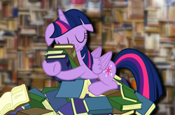 Size: 5096x3361 | Tagged: safe, artist:slb94, character:twilight sparkle, character:twilight sparkle (alicorn), species:alicorn, species:pony, book, book nest, female, floppy ears, princess sleeping on books, solo, that pony sure does love books, wallpaper