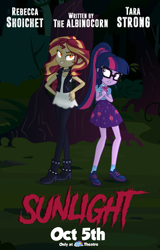 Size: 1728x2699 | Tagged: safe, artist:wubcakeva, character:sunset shimmer, character:twilight sparkle, character:twilight sparkle (scitwi), species:eqg human, fanfic:sunlight, my little pony:equestria girls, choker, clothing, fake, glasses, looking at you, miniskirt, movie poster, ponytail, rebecca shoichet, red eyes, scared, shoes, skirt, socks, spiked choker, tara strong, the twilight zone, vampire shimmer
