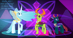 Size: 4096x2160 | Tagged: safe, artist:dashiesparkle edit, artist:hendro107, artist:laszlvfx, artist:orin331, edit, character:pharynx, character:prince pharynx, character:queen chrysalis, character:thorax, species:changeling, species:reformed changeling, a better ending for chrysalis, changedling brothers, changeling queen, dialogue, female, male, open mouth, purified chrysalis, reformed, wallpaper, wallpaper edit