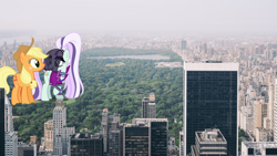 Size: 3840x2168 | Tagged: safe, artist:dashiesparkle, artist:itv-canterlot, character:applejack, character:coloratura, character:countess coloratura, species:pony, central park, duo, female, giant pony, giantess, highrise ponies, irl, macro, new york, photo, story included