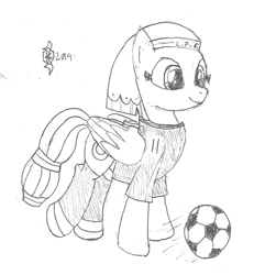 Size: 968x1046 | Tagged: safe, artist:parclytaxel, character:somnambula, species:pegasus, species:pony, series:nightliner, g4, clothing, egyptian, female, football, jersey, kicking, lineart, liverpool, mare, mohamed salah, monochrome, patreon, pencil drawing, pun, socks, solo, sports, traditional art, visual gag