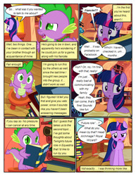 Size: 612x792 | Tagged: safe, artist:newbiespud, edit, edited screencap, screencap, character:twilight sparkle, character:twilight sparkle (unicorn), species:dragon, species:pony, species:unicorn, comic:friendship is dragons, book, comic, d:, dialogue, female, golden oaks library, looking back, male, mare, open mouth, screencap comic, slit eyes, wide eyes
