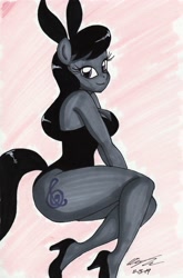 Size: 1948x2959 | Tagged: safe, artist:newyorkx3, character:octavia melody, species:anthro, species:earth pony, species:plantigrade anthro, species:pony, bunny ears, bunny suit, clothing, digital art, female, high heels, leotard, mare, sexy, shoes, smiling, solo, stupid sexy octavia, traditional art