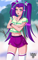 Size: 2437x3800 | Tagged: safe, artist:danmakuman, character:aria blaze, my little pony:equestria girls, adorasexy, belly button, clothing, crossed arms, cute, female, human coloration, jewelry, looking at you, midriff, necklace, sexy, shirt, short shirt, shorts, solo, stupid sexy aria blaze