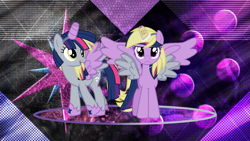 Size: 3840x2160 | Tagged: safe, artist:geometrymathalgebra, artist:laszlvfx, edit, character:derpy hooves, character:twilight sparkle, character:twilight sparkle (alicorn), species:alicorn, species:pony, clothing, cosplay, costume, duo, female, mare, wallpaper, wallpaper edit