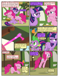 Size: 612x802 | Tagged: safe, artist:newbiespud, artist:winged cat, edit, edited screencap, screencap, character:pinkie pie, character:twilight sparkle, character:twilight sparkle (unicorn), species:dragon, species:earth pony, species:pony, species:unicorn, comic:friendship is dragons, blast, collaboration, comic, dialogue, eyes closed, female, frown, magic, magic beam, magic blast, male, mare, pronking, screencap comic, slit eyes, unamused