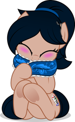 Size: 1024x1656 | Tagged: safe, artist:jhayarr23, oc, oc only, oc:crescend cinnamon, species:earth pony, species:pony, blushing, clothing, cute, eyes closed, female, mare, ocbetes, ponytail, scarf, show accurate, simple background, sitting, solo, transparent background, underhoof