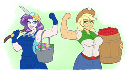 Size: 1024x582 | Tagged: safe, artist:ambris, character:applejack, character:rarity, ship:rarijack, my little pony:equestria girls, apple, applejack's hat, applejacked, armpits, barrel, belt, biceps, big breasts, breasts, bucket, busty applejack, busty rarity, clothing, commission, cowboy hat, denim skirt, female, flexing, food, gem, geode of shielding, gloves, hat, helmet, lesbian, looking at each other, magical geodes, miner, mining helmet, muscles, overalls, pickaxe, ripped rarity, rolled up sleeves, shipping, skirt, stetson, tank top