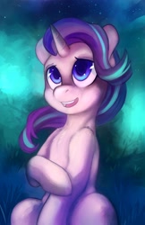 Size: 2650x4096 | Tagged: safe, artist:hobbes-maxwell, character:starlight glimmer, species:pony, species:unicorn, aurora borealis, chest fluff, cute, female, glimmerbetes, high res, mare, night, open mouth, shoulder fluff, sky, solo, stars