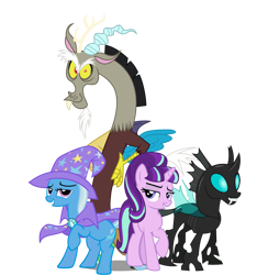 Size: 1889x2022 | Tagged: source needed, safe, artist:bluetech, artist:cezaryy, artist:dashiesparkle, artist:misterlolrus, character:discord, character:starlight glimmer, character:thorax, character:trixie, species:changeling, species:draconequus, species:pony, species:unicorn, cape, clothing, female, hat, looking at you, looking left, male, mare, reformed four, s5 starlight, simple background, smiling, smiling at you, transparent background, trixie's cape, trixie's hat, vector
