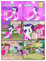 Size: 612x802 | Tagged: safe, artist:newbiespud, artist:winged cat, edit, edited screencap, screencap, character:pinkie pie, character:rarity, character:spike, character:twilight sparkle, character:twilight sparkle (unicorn), species:dragon, species:earth pony, species:pony, species:unicorn, comic:friendship is dragons, episode:too many pinkie pies, g4, my little pony: friendship is magic, bipedal, clothing, collaboration, comic, dialogue, dress, eyes closed, female, male, mare, ponyville, raised hoof, screencap comic, slit eyes