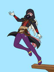 Size: 900x1200 | Tagged: safe, alternate version, artist:linedraweer, oc, oc only, species:anthro, anthro oc, assassin's creed, cloak, clothing, commission, hood, jumping, jumpsuit, male, mask, shadowbolts, solo, watch dogs, wings