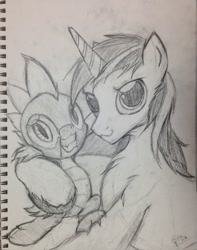 Size: 1008x1280 | Tagged: safe, artist:frist44, character:shining armor, character:spike, bromance, monochrome, sketch