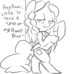 Size: 500x500 | Tagged: safe, artist:mt, oc, oc only, oc:marker pony, species:pony, species:unicorn, /mlp/, g4, 4chan, bedroom eyes, bipedal, boop, dialogue, female, human shoulders, looking at you, mare, mlpg, monochrome, sketch, solo, unicorn oc