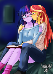 Size: 1949x2728 | Tagged: safe, artist:danmakuman, character:sunset shimmer, character:twilight sparkle, character:twilight sparkle (scitwi), species:eqg human, ship:scitwishimmer, ship:sunsetsparkle, my little pony:equestria girls, blushing, book, clothing, cute, digital art, female, lesbian, missing shoes, shipping, smiling, socks