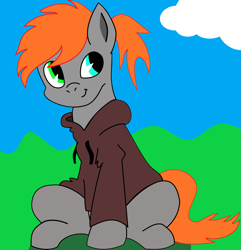 Size: 3017x3136 | Tagged: safe, artist:ambris, artist:pinkamenace, edit, oc, oc:golden lotus, species:pony, clothing, cute, female, heterochromia, hoodie, needs more saturation, simple background, sitting, smiling, solo
