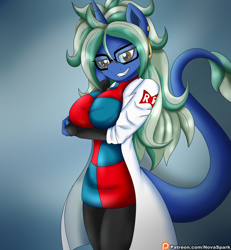 Size: 2400x2600 | Tagged: safe, artist:novaspark, oc, oc only, oc:nova spark, species:anthro, alternate hairstyle, android 21, clothing, costume, dragon ball fighterz, ear piercing, earring, fangs, glasses, jewelry, lab coat, looking at you, monster mare, monster pony, original species, piercing, smiling, solo, tatzlpony