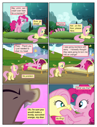 Size: 612x802 | Tagged: safe, artist:newbiespud, edit, edited screencap, screencap, character:flutterbat, character:fluttershy, character:pinkie pie, species:bat pony, species:earth pony, species:pegasus, species:pony, comic:friendship is dragons, episode:bats!, episode:too many pinkie pies, g4, my little pony: friendship is magic, bat ponified, butterfly, cheek squish, comic, couch, dialogue, eyes closed, fangs, female, mare, race swap, screencap comic, squishy cheeks, tree