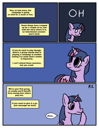 Size: 612x792 | Tagged: safe, artist:newbiespud, artist:paper shadow, character:twilight sparkle, character:twilight sparkle (unicorn), species:pony, species:unicorn, comic:friendship is dragons, collaboration, comic, dialogue, female, looking up, mare, offscreen character, thinking, white eyes