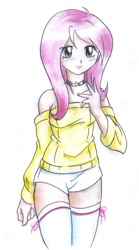 Size: 656x1181 | Tagged: safe, artist:danmakuman, character:fluttershy, breasts, busty fluttershy, clothing, humanized, stockings