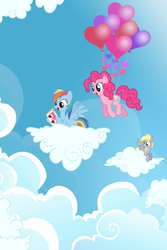 Size: 800x1200 | Tagged: safe, artist:pixelkitties, character:derpy hooves, character:pinkie pie, character:rainbow dash, species:pegasus, species:pony, ship:pinkiedash, balloon, female, heart, heart balloon, mare, shipping, then watch her balloons lift her up to the sky