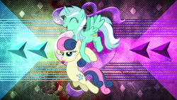 Size: 3840x2160 | Tagged: safe, artist:artpwny, artist:laszlvfx, edit, character:bon bon, character:lyra heartstrings, character:sweetie drops, species:alicorn, species:earth pony, species:pony, episode:may the best pet win, g4, my little pony: friendship is magic, alicornified, holding a pony, lyracorn, race swap, wallpaper, wallpaper edit