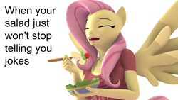 Size: 3840x2160 | Tagged: source needed, safe, artist:anthroponiessfm, character:fluttershy, species:anthro, species:pegasus, species:pony, 3d, bowl, clothing, eyes closed, female, food, fork, herbivore, laughing, meme, ponies laughing with fruit salad, salad, shirt, smiling, solo, source filmmaker, spread wings, stock image, wat, wings