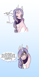 Size: 1171x2285 | Tagged: safe, artist:jc_bbqueen, oc, oc only, oc:clementine, parent:oc:annie belle, parents:oc x oc, species:pony, species:unicorn, dialogue, female, hair over one eye, intimidating, mare, offspring, solo, the aristocats