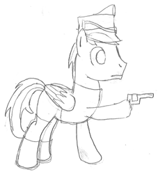 Size: 905x995 | Tagged: safe, artist:parclytaxel, oc, oc only, oc:mihály szekeres, species:pegasus, species:pony, series:nightliner, blank stare, clothing, gun, handgun, hat, male, monochrome, patreon, pencil drawing, pistol, pointing, revolver, sketch, solo, stallion, traditional art, weapon, wip