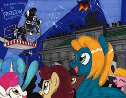 Size: 3261x2531 | Tagged: safe, artist:newyorkx3, oc, oc:annomaniac, oc:tommy junior, unnamed oc, species:earth pony, species:pony, species:unicorn, berlin, berlin wall, brandenburg gate, clothing, colt, crowd, david hasselhoff, eyes closed, female, fireworks, flag, german, german flag, germany, glasses, happy, headset mic, looking for freedom, male, mare, music notes, scarf, singing, song reference, stallion, traditional art