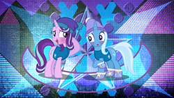 Size: 3840x2160 | Tagged: safe, artist:laszlvfx, artist:mundschenk85, edit, character:starlight glimmer, character:trixie, species:pony, species:unicorn, ship:startrix, episode:best gift ever, episode:winter wrap up, g4, my little pony: friendship is magic, blushing, duo, female, lesbian, mare, shipping, toque, wallpaper, wallpaper edit, winter wrap up vest