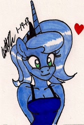 Size: 491x734 | Tagged: safe, artist:newyorkx3, character:princess luna, species:anthro, cute, female, heart, solo, traditional art