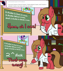 Size: 1280x1442 | Tagged: safe, artist:clouddg, character:twilight sparkle, oc, oc:pun, species:pony, ask pun, ask, chalkboard, clothing, lab coat