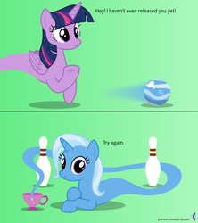 Size: 4096x4608 | Tagged: safe, artist:parclytaxel, character:trixie, character:twilight sparkle, character:twilight sparkle (alicorn), species:alicorn, species:pony, species:unicorn, .svg available, absurd resolution, ain't never had friends like us, ask, ball, bowling, bowling ball, bowling pin, comic, crossed hooves, cup, female, genie, genie pony, gradient background, inanimate tf, looking at you, mare, morph ball, prone, smiling, spin dash, taunting, teacup, that pony sure does love teacups, transformation, trixieball, tumblr, vector