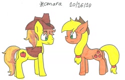 Size: 1280x826 | Tagged: safe, artist:carlycmarathecat, artist:cmara, character:applejack, character:braeburn, species:earth pony, species:pony, clothing, duo, hat, simple background, smiling, traditional art
