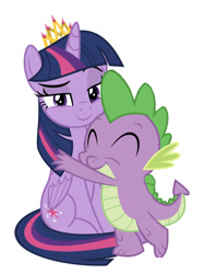 Size: 750x1001 | Tagged: safe, artist:jhayarr23, edit, editor:undeadponysoldier, character:spike, character:twilight sparkle, character:twilight sparkle (alicorn), species:alicorn, species:dragon, species:pony, ship:twispike, crown, cute, female, hug, jewelry, male, mare, regalia, sassy, shipping, show accurate, smug, spikabetes, spikelove, straight, twiabetes