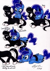 Size: 1348x1912 | Tagged: safe, artist:newyorkx3, character:princess luna, oc, oc:tommy junior, species:alicorn, species:earth pony, species:pony, behaving like a cat, engrish, simple background, traditional art, unamused, white background