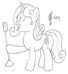 Size: 720x776 | Tagged: safe, artist:parclytaxel, character:sweetie belle, species:pony, species:unicorn, series:nightliner, cutie mark, eyes closed, female, hoof hold, lineart, mare, microphone, monochrome, older, older sweetie belle, pencil drawing, singing, sketch, smiling, solo, the cmc's cutie marks, traditional art