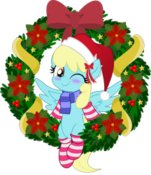 Size: 5000x5786 | Tagged: safe, artist:jhayarr23, character:sassaflash, species:pegasus, species:pony, background pony, blushing, bow, christmas, clothing, cute, female, hat, holiday, jhayarr23's holiday ych, mare, movie accurate, one eye closed, santa hat, scarf, simple background, socks, solo, striped socks, transparent background, wink, wreath, ych result