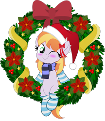 Size: 5000x5786 | Tagged: safe, artist:jhayarr23, character:copper top, species:earth pony, species:pony, alternate hairstyle, blushing, bow, christmas, clothing, cute, female, hat, holiday, jhayarr23's holiday ych, mare, movie accurate, one eye closed, santa hat, scarf, simple background, socks, solo, striped socks, transparent background, wink, wreath, ych result
