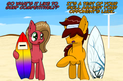 Size: 1280x844 | Tagged: safe, artist:clouddg, oc, oc only, oc:pun, species:pony, ask pun, ask, beach, female, male, mare, stallion, surfboard