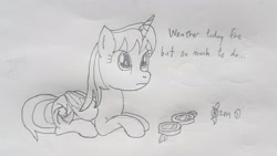 Size: 4032x2268 | Tagged: safe, artist:parclytaxel, oc, oc only, oc:parcly taxel, species:alicorn, species:pony, ain't never had friends like us, albumin flask, alicorn oc, female, goggles, japan, lineart, looking up, mare, monochrome, parcly taxel in japan, pencil drawing, prone, solo, story included, traditional art