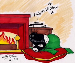 Size: 1140x954 | Tagged: safe, artist:newyorkx3, oc, oc:tommy junior, species:earth pony, species:pony, blanket, colt, fire, fireplace, male, pillow, record player, solo, song, traditional art, wood