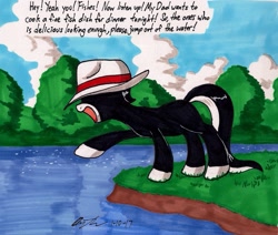 Size: 1547x1314 | Tagged: safe, artist:newyorkx3, oc, oc only, oc:tommy junior, species:earth pony, species:pony, clothing, cloud, colt, hat, lake, male, solo, traditional art, tree