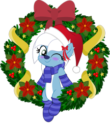 Size: 831x962 | Tagged: safe, artist:jhayarr23, oc, oc only, oc:icicle crash, species:deer, species:pony, episode:hearth's warming eve, g4, my little pony: friendship is magic, blue coat, blushing, christmas, christmas wreath, clothing, deer oc, freckles, green eye, hat, hearth's warming, holiday, ice deer, jhayarr23's holiday ych, markings, movie accurate, one eye closed, santa hat, scarf, simple background, socks, solo, striped socks, transparent background, white hair, white markings, wink, winking at you, wreath, ych result