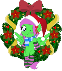 Size: 831x962 | Tagged: safe, artist:jhayarr23, oc, oc only, oc:zippy sparkz, species:pegasus, species:pony, episode:hearth's warming eve, g4, my little pony: friendship is magic, blue eyes, blushing, christmas, christmas wreath, clothing, green coat, hat, hearth's warming, holiday, jhayarr23's holiday ych, movie accurate, one eye closed, pegasus oc, pink hair, santa hat, scarf, simple background, socks, solo, striped socks, transparent background, wink, winking at you, wreath, ych result
